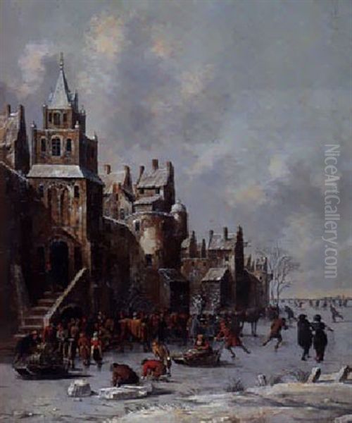 Schlittschuhlaufer Vor Der Stadt Oil Painting by Thomas Heeremans