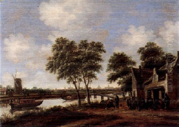 A River Landscape With A Windmill And Figures Gathered Outside An Inn, With A Distant View Of The City Of Leiden Beyond Oil Painting by Thomas Heeremans