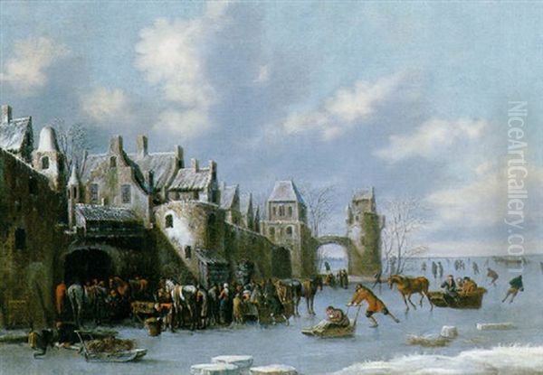 Nombreaux Villageois S'adonnant Aux Joies De L'hiver Sur Un Fleuve Gele Devant Les Murs D'une Ville Fortifie Oil Painting by Thomas Heeremans