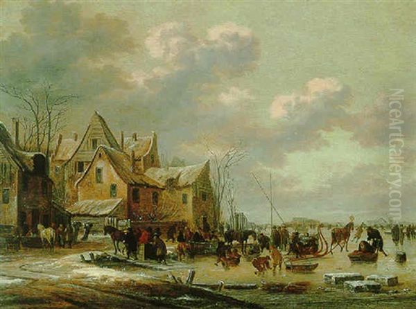 A Winter Townscape With Skaters On A Frozen Lake Oil Painting by Thomas Heeremans