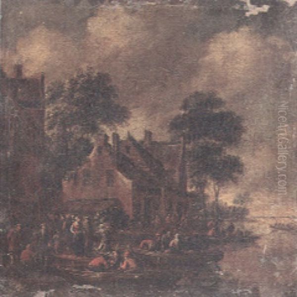 Numerous Figures On A River Bank With Buildings Behind Oil Painting by Thomas Heeremans