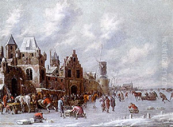 Patineurs Et Nombreux Villageois Sur Un Fleuve Gele Devant Les Murs D'une Ville Oil Painting by Thomas Heeremans