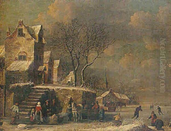 A Winter Landscape With Sledges And Figures Skating On A Frozen River Oil Painting by Thomas Heeremans