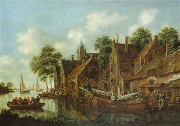 Dorf An Einem Flus Mit Vielen Booten Und Figuren Oil Painting by Thomas Heeremans