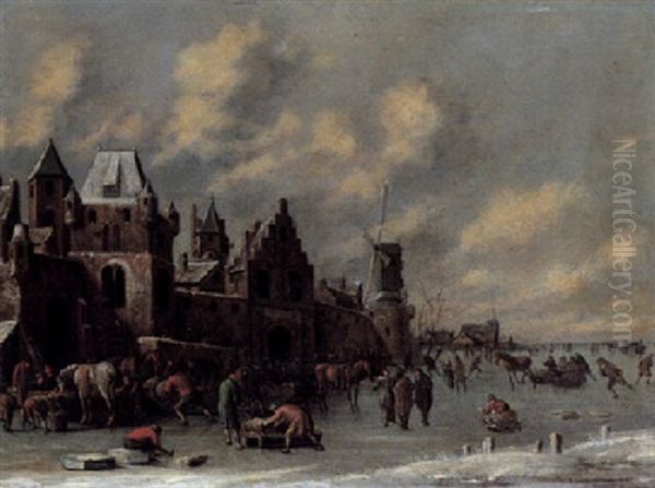 A Winter Landscape With Figures Skating And Horses Feeding On A Frozen River By A Town Oil Painting by Thomas Heeremans