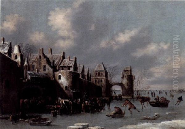 A Winter Landscape With Skaters And Other Figures Feeding Their Horses Outside A Walled Town Oil Painting by Thomas Heeremans