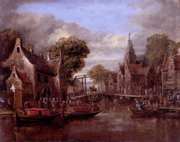 A Dutch Canal Scene With Numerous Figures On The Banks Of A Village And In Ferries Oil Painting by Thomas Heeremans