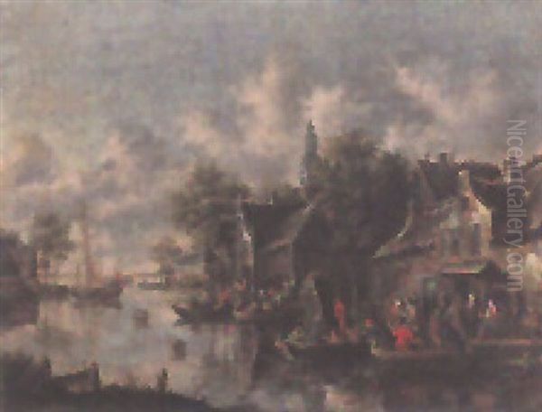 Hollandische Seelandschaft Mit Dorf Und Booten Oil Painting by Thomas Heeremans