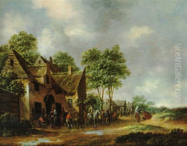 Bauern Und Reiter Auf Einer Dorfstrase Oil Painting by Thomas Heeremans