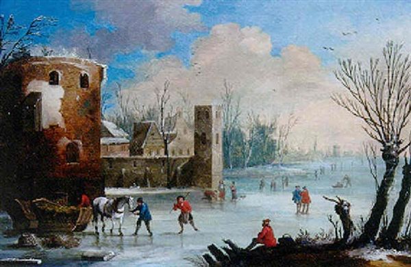 Paysage D'hiver Avec Des Patineurs Oil Painting by Thomas Heeremans