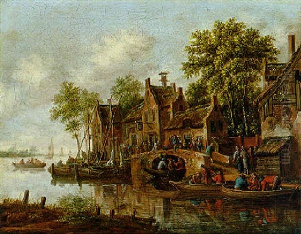 Dorf An Einem Flus Mit Vielen Booten Und Figuren Oil Painting by Thomas Heeremans