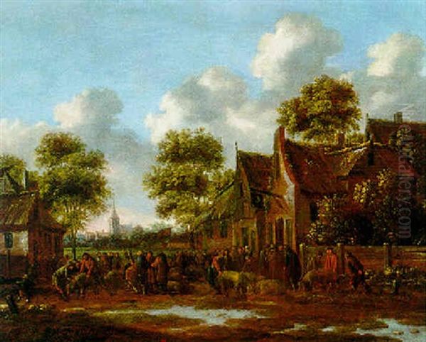 Schweinemarkt In Einem Hollandischen Dorf Oil Painting by Thomas Heeremans