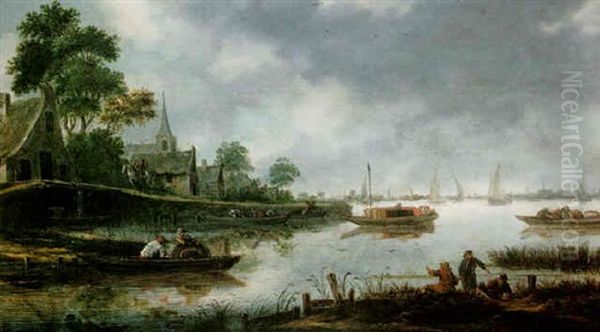 A River Estuary With Fishermen And Other Figures In Boats, The Town Of Haarlem Beyond Oil Painting by Thomas Heeremans