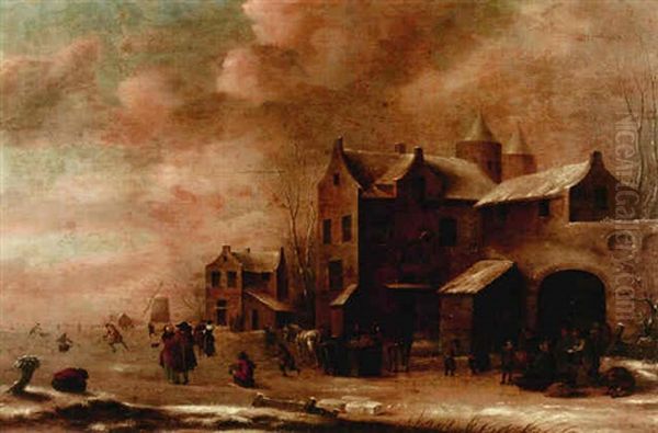 A Winter Landscape With A Fortified Building And Figures On The Ice Oil Painting by Thomas Heeremans