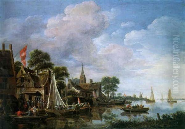 A Village By A River With Townsfolk Arriving In A Ferry Oil Painting by Thomas Heeremans