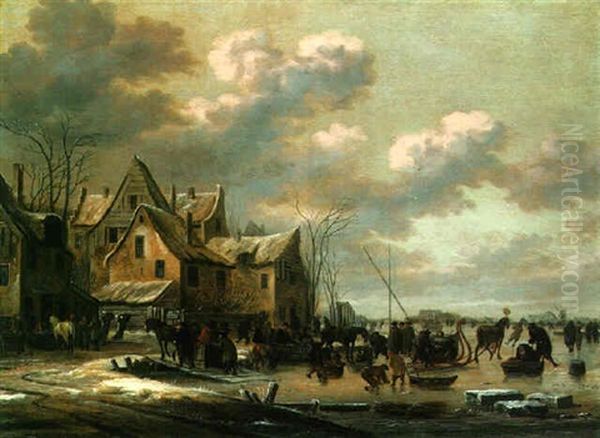 A Winter Townscape With Skaters On A Frozen Lake Oil Painting by Thomas Heeremans