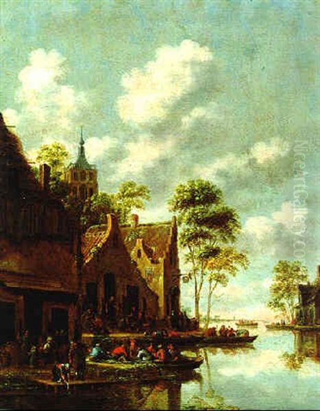 Dorf An Einem Flus Mit Vielen Figuren Und Booten Oil Painting by Thomas Heeremans