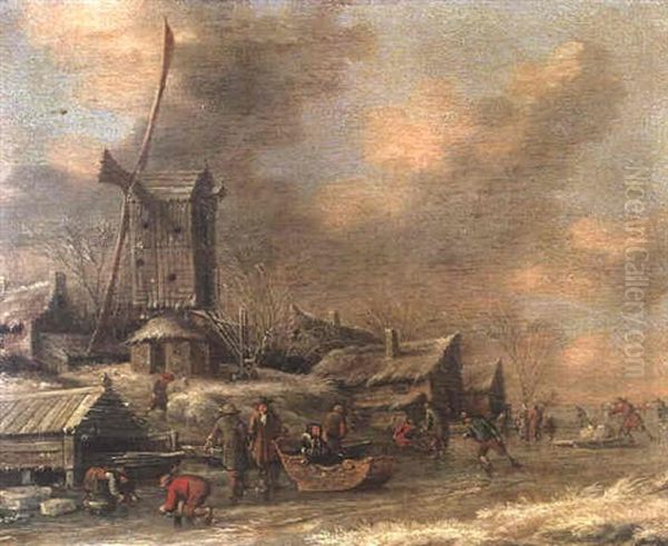 A Winter Landscape With Figures Skating On A Frozen River Before A Windmill Oil Painting by Thomas Heeremans