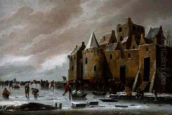 A Winter Landscape With Villagers On A Frozen River Beside A Castle Oil Painting by Thomas Heeremans