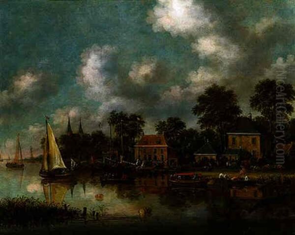 A River Landscape With Villagers Congregating At A Meeting House With Vessels Sailing Upstream Oil Painting by Thomas Heeremans