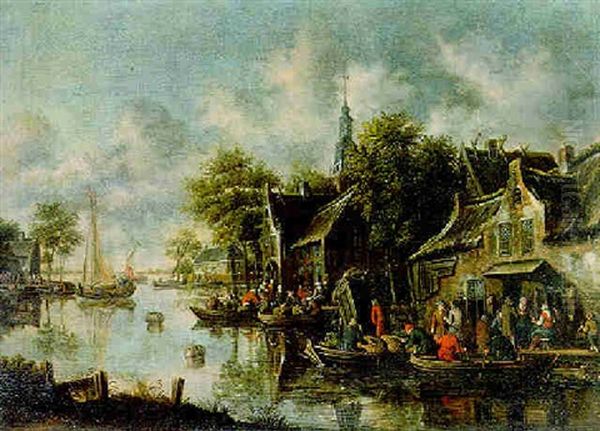 Flusslandschaft Mit Personen Und Ruderbooten Oil Painting by Thomas Heeremans