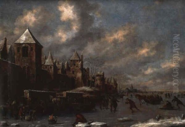 Paysage De Neige Avec Scene De Patinage Oil Painting by Thomas Heeremans