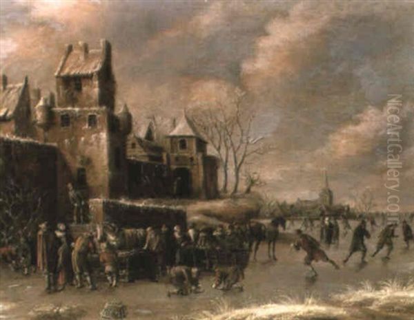 Skaters On A Frozen River By A Walled Town Oil Painting by Thomas Heeremans