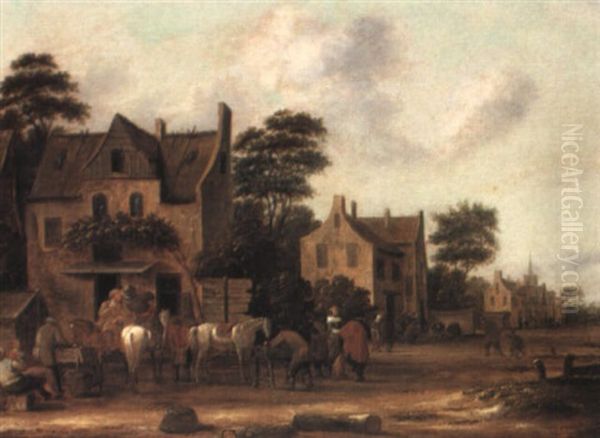 Dutch Village Scene With Figures And Horses Resting Outside A House Oil Painting by Thomas Heeremans