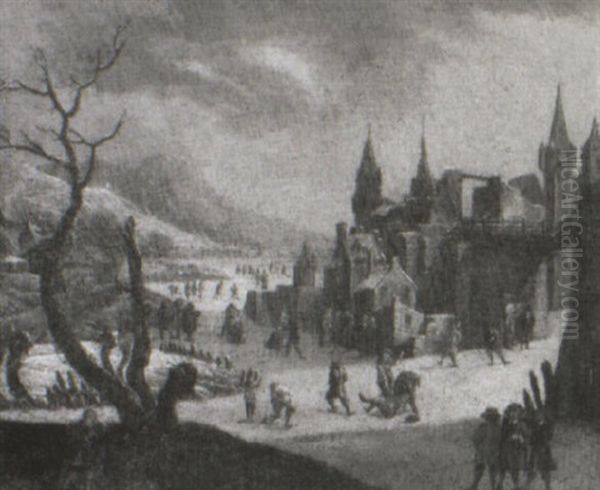 Winter Townscape With Numerous Figures Skating On A Frozen River Oil Painting by Thomas Heeremans