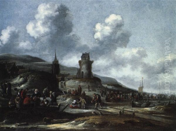 Scene De Marche  Sur Une Plage Oil Painting by Thomas Heeremans