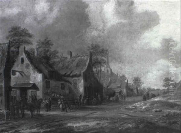 Village Street With Travellers And Peasants Outside The Half Moon Inn Oil Painting by Thomas Heeremans