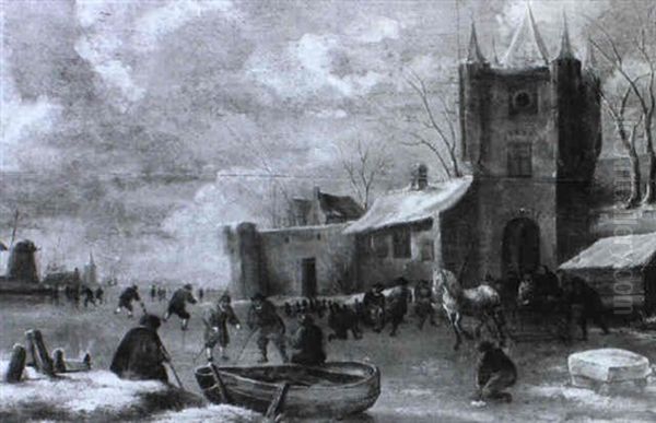 Winter Landscape With Figures Playing Golf Outside A Walled Town Oil Painting by Thomas Heeremans