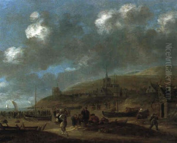 Der Strand Mit Der Heute Noch Existierenden Kirche Von Scheveningen Oil Painting by Thomas Heeremans