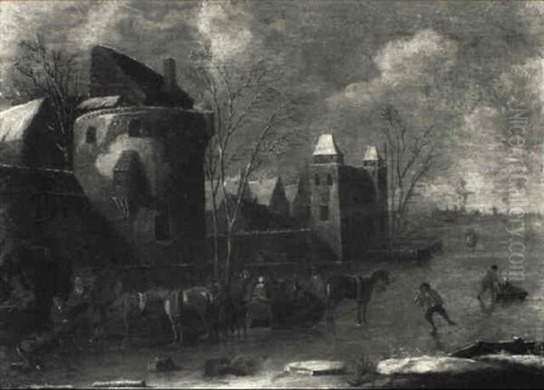 Winter Landscape With Figures In Sledges Oil Painting by Thomas Heeremans