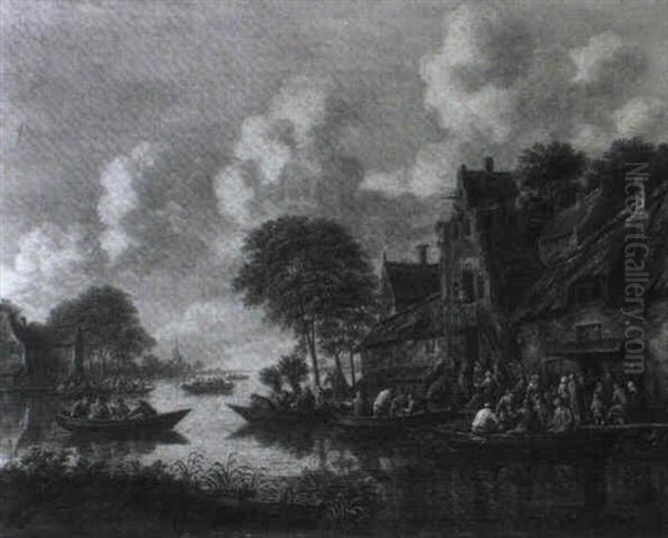 Inn By A River With Numerous Peasants In Rowing Boats Oil Painting by Thomas Heeremans