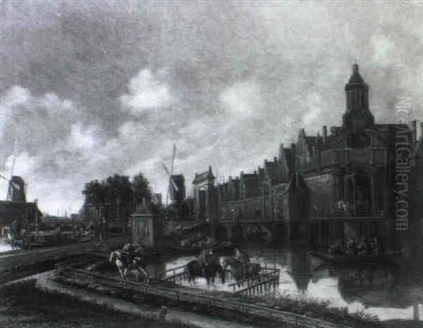 View Of The Haarlempoort, Amsterdam, With Townsfolk In Boats Oil Painting by Thomas Heeremans