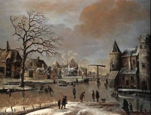 A Frozen Canal Scene Outside The Gates Of A Town With       Numerous Skaters And Other Figures Oil Painting by Thomas Heeremans