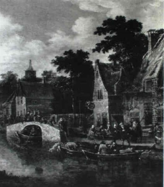 Villagers Before A Canalside Inn by Thomas Heeremans