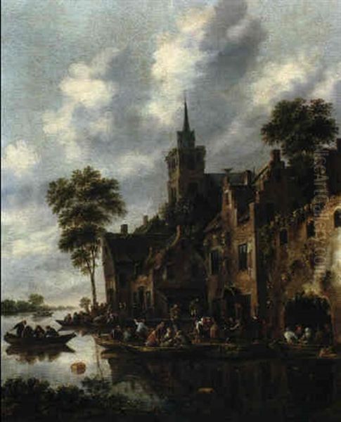 A Riverside Town Oil Painting by Thomas Heeremans