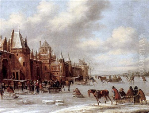 A Winter Landscape With Figures On A Frozen River Before The Walls Of A Town Oil Painting by Thomas Heeremans