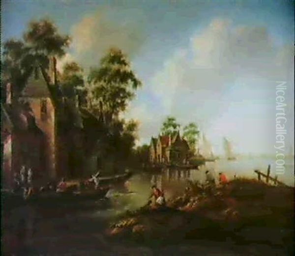 Ein Dorf Am Fluss Mit Booten Oil Painting by Thomas Heeremans