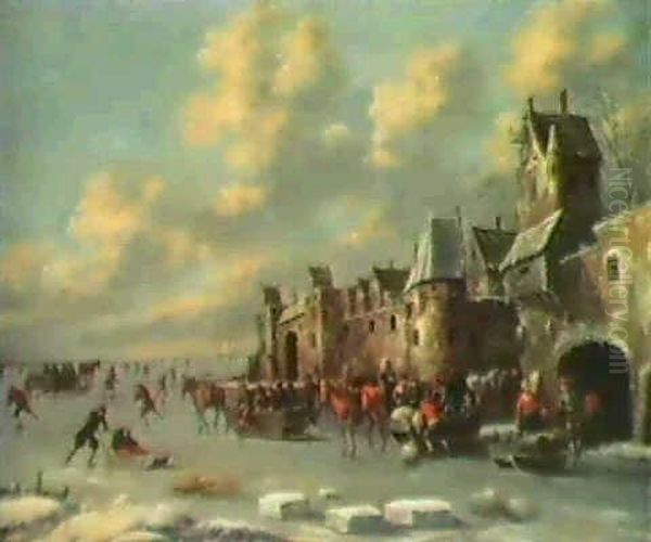 A Winter Landscape With Figures Ridibng In Horsedrawn       Sledges Across A Frozen River... Oil Painting by Thomas Heeremans