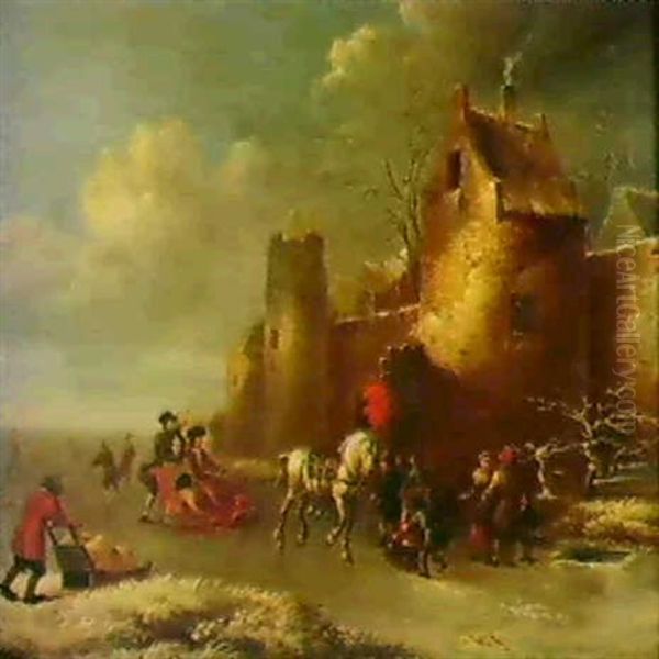 Eisvergnugen Vor Den Mauern Einer Stadt. Oil Painting by Thomas Heeremans