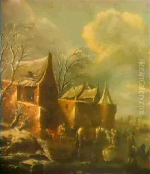 Schlittenfahrer Vor Den Mauern Einer Stadt Oil Painting by Thomas Heeremans