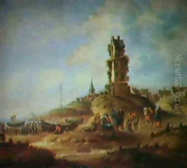 Vue De La Plage De Ten Heide, Avec                          Staffage Oil Painting by Thomas Heeremans