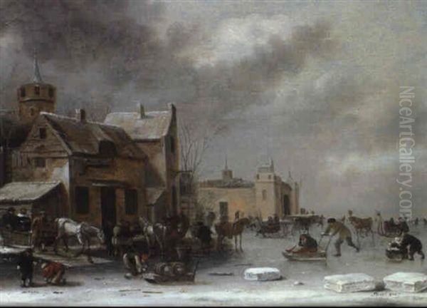 Patineurs Pres D'un Village Oil Painting by Thomas Heeremans