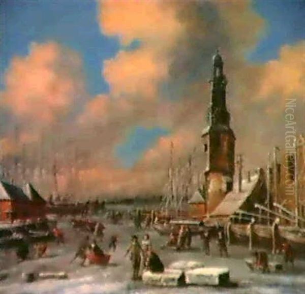 Blick Auf Das Zugefrorene Ijsselmeer Von Amsterdam Mit      Dem Montalbaanturm Und Schlittschuhlaufern Oil Painting by Thomas Heeremans