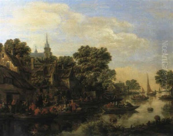 Ein Dorf Am Fluss Mit Vielen Booten Und Figuren Oil Painting by Thomas Heeremans