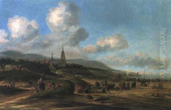 Strandansicht Von Scheveningen Mit Fischervolk Oil Painting by Thomas Heeremans