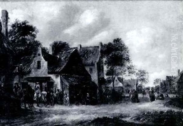 Villagers Gathered In A Town Oil Painting by Thomas Heeremans